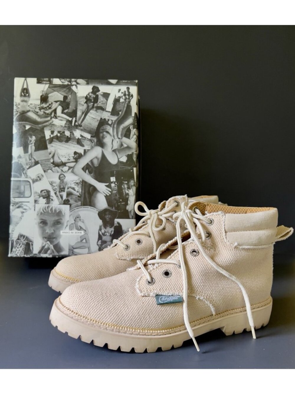 Vintage 90s Candies Canvas Combat Boots Womens Size 10 Wheat Beige Lug Sole Box